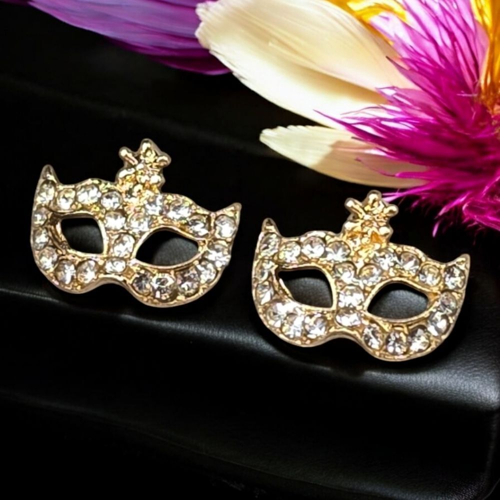 Gold Mask Rhinestone Earrings Mardi Gras Carnival Masquerade Women Stud Jewelry